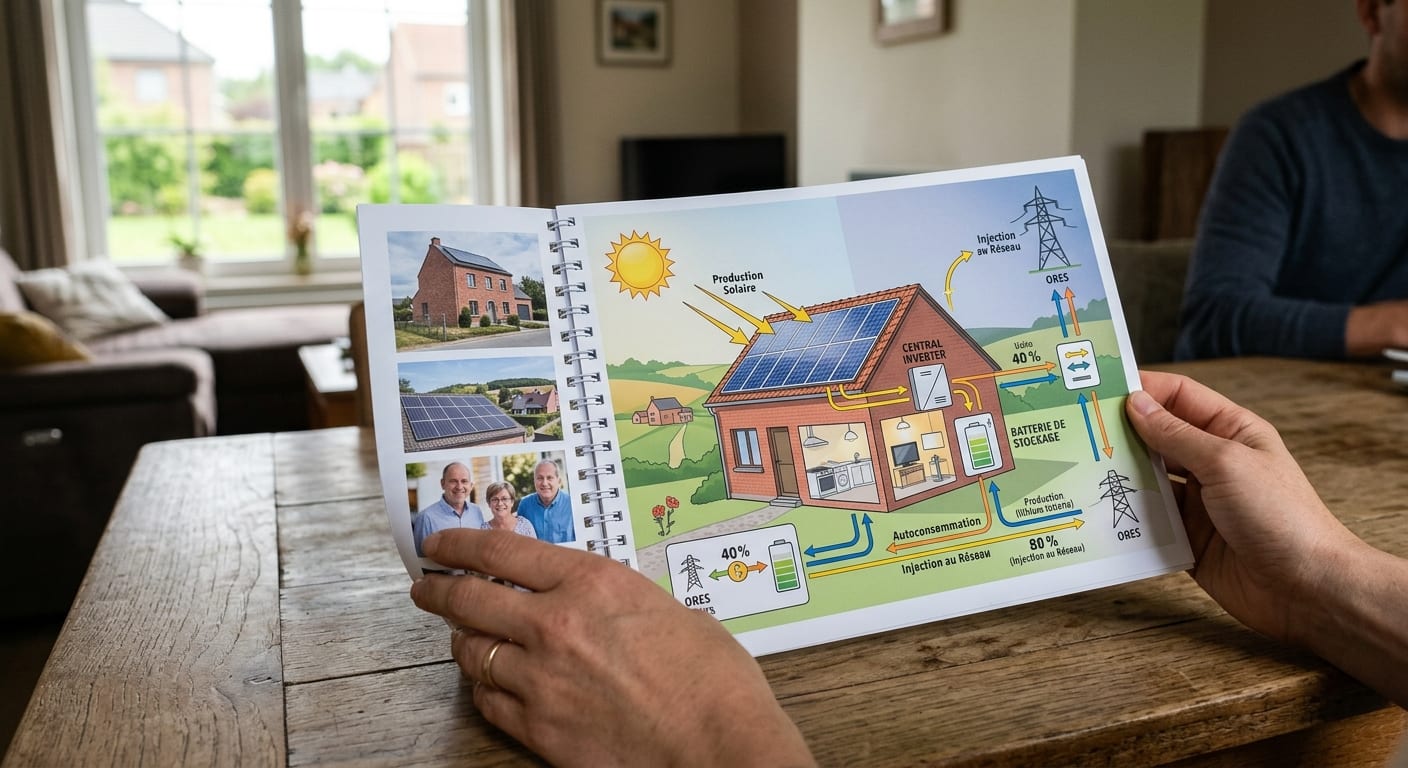 Guide pratique relié présentant un schéma d'autoconsommation solaire avec batterie et toiture photovoltaïque